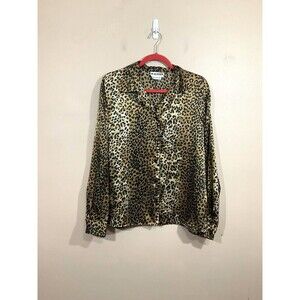 VTG Womens Satin Leopard Animal Print Button Up Shirt L Brown 90s Mob Wife Party